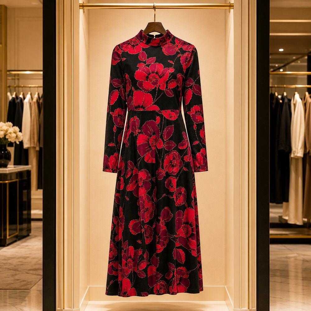 NWT Chelsea & Violet Nell Red Black Floral High Neck Midi Dress M Holiday Party